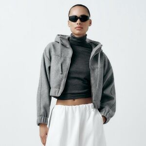 Zara Felt Texture Gray Cropped Hoodie